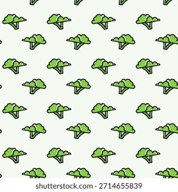 Patrón sin fisuras de brócoli de dibujos animados dispuestos diagonalmente sobre un fondo claro. Diseño vegetal verde juguetón perfecto para textiles, Fondos de pantalla, empaques, papelería y gráficos temáticos saludables