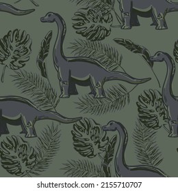 Seamless pattern with cartoon brontosaurus and leaves. Background with dino for textile, fabric, kids, boy, wrapping paper, Web, clothes, socks and other design.