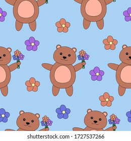 Patrón sin foco de caricatura Oso marrón y flores Diseño de fondo azul. Ilustración vectorial para tela, textil, publicación. EPS 10