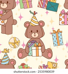 Seamless pattern cartoon of Brown bear and gift box. IIt's a cute and fun pattern. Pattern for fabric and wrapping paper, Pattern for design wallpaper and fashion prints.