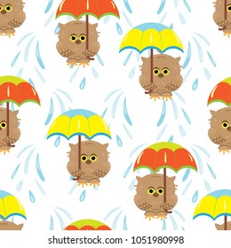 seamless pattern with cartoon brown owls and colorful umbrellas.The background is white with the falling raindrops.Vector illustration.Template for printing on fabric, paper for scrapbooking,gift wrap