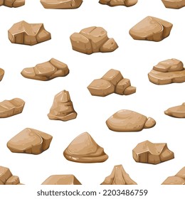 Seamless pattern of cartoon brown rock stones and boulders, vector background. Rock stone gravel and cobble or debris of rubble blocks, granite pebbles in piles and cracked mountain pieces pattern