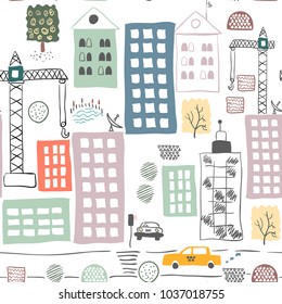 Seamless pattern with cartoon buildings. Vector illustration.