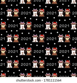 Seamless pattern with cartoon bull and cow. New year background 2021. Vector illustration.