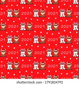 Seamless pattern with cartoon bull and cow. New year background 2021. Vector illustration.