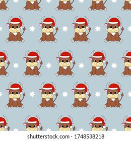 Seamless pattern with cartoon bull in santa hat. Vector illustration.