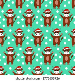 Seamless pattern with cartoon bull in santa hat. Vector illustration.