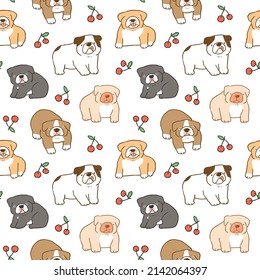 Seamless Pattern with Cartoon Bulldog and Cherry Design on White Background