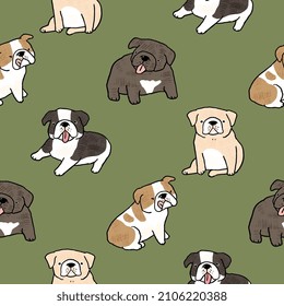 Seamless Pattern of Cartoon Bulldog Design on Dark Green Background