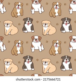 Seamless Pattern with Cartoon Bulldog Design on Brown Background