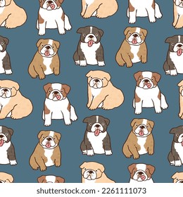 Seamless Pattern with Cartoon Bulldog Design on Dark Blue Background