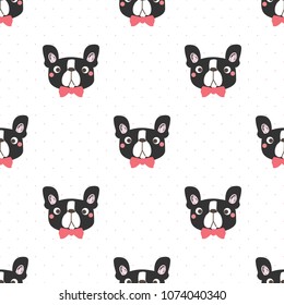 Seamless Pattern of Cartoon Bulldog Face on White Background with Dots