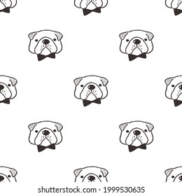 Seamless Pattern with Cartoon Bulldog Face Doodle Design on White Background