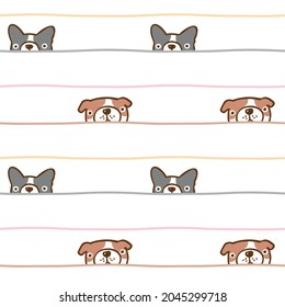Patrón sin inconvenientes con caricatura Cara de Bulldog y diseño de líneas en fondo blanco