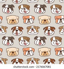 Seamless Pattern with Cartoon Bulldog Face Design on Grey Background