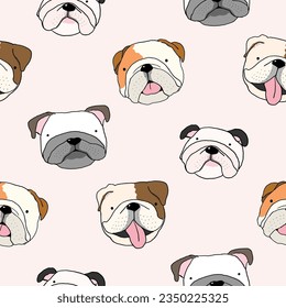 Seamless Pattern of Cartoon Bulldog Face Design on Light Pink Background