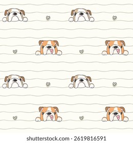 Seamless Pattern of Cartoon Bulldog Face and Heart Design on Light Yellow Background with Wavy Lines. Hand Drawn Vector Illustration. Not AI Generated.