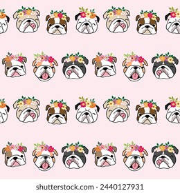 Seamless Pattern with Cartoon Bulldog and Flower Design on Light Pink Background