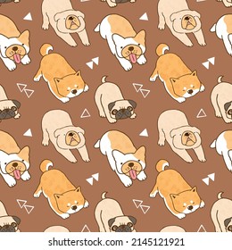 Nahtlose Muster mit Cartoon Bulldog, French Bulldog, Pug und Shiba Inu Hund Design auf braunem Hintergrund