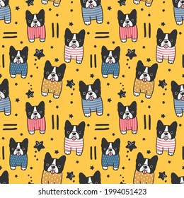 Seamless Pattern with Cartoon Bulldog Illustration Design on Yellow Background