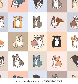 Seamless Pattern Of Cartoon Bulldog Illustration On Pastel Plaid Background