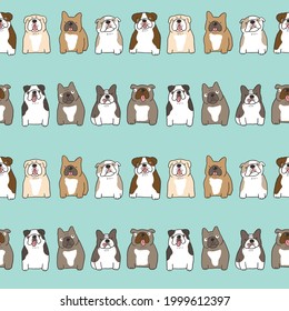 Seamless Pattern with Cartoon Bulldog Illustration Design on Green Background