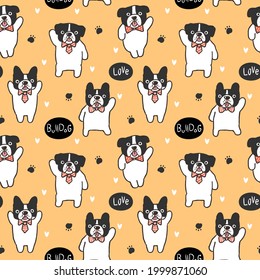 Seamless Pattern of Cartoon Bulldog Illustration Design on Yellow Background with Hearts and Paws