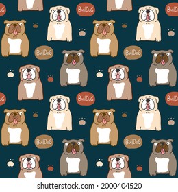 Seamless Pattern with Cartoon Bulldog Illustration Design on Dark Blue Background