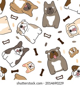 Seamless Pattern with Cartoon Bulldog Illustration Design on White Background