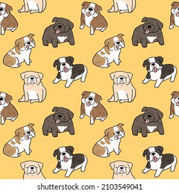 Seamless Pattern of Cartoon Bulldog Illustration Design on Yellow Background