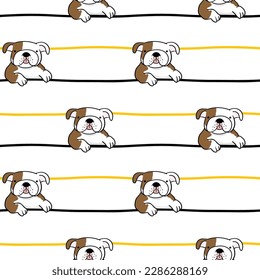 Seamless Pattern with Cartoon Bulldog and Line Design on White Background