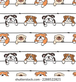 Seamless Pattern of Cartoon Bulldog with Line Design on White Background