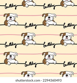Seamless Pattern with Cartoon Bulldog and Line Design on Light Yellow Background