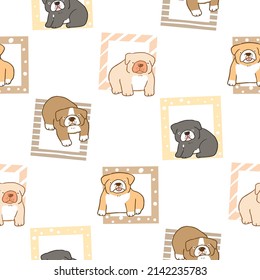 Seamless Pattern of Cartoon Bulldog and Square Design on White Background