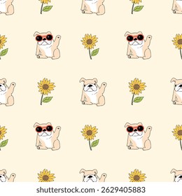 Seamless Pattern with Cartoon Bulldog and Sunflower Design on Light Yellow Background. Hand Drawn Vector Illustration. Not AI Generated.