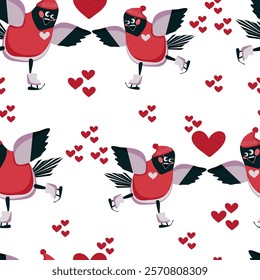 Seamless pattern cartoon bullfinches in love on skates among hearts - vector background for packaging design, fabric