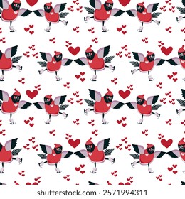 Seamless pattern cartoon bullfinches in love on skates among hearts - vector background for packaging design, fabric