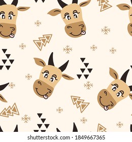 Seamless pattern cartoon bulls. Brown baby bull and cow and stars seamless pattern Print for background, wrapping, fabric, textile, wallpaper. Vector illustration for children.