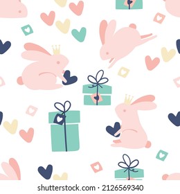 Seamless pattern with cartoon bunnies. Abstract art print. Hand drawn background with cute animals. Vector illustration