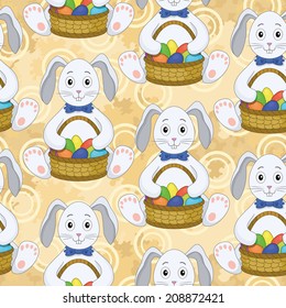 Seamless pattern, cartoon Bunnies with a basket of Easter eggs on abstract background. Vector