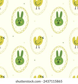 Patrón sin fisuras con conejos de dibujos animados y pollos sobre fondo blanco. Fondo lindo plano moderno. Ilustración de vector