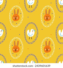 Seamless pattern with cartoon bunnies and chickens on yellow background. Modern flat cute background. Vector illustration