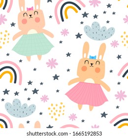 seamless pattern with cartoon bunnies, clouds, rainbows, decor elements. colorful vector for kids, flat style. animal theme. Baby design for fabric, textile, print, wrapper.