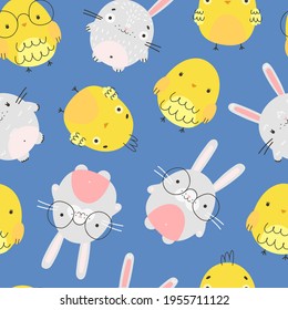 Seamless pattern with cartoon bunnies and cute chicks on the blue background.  Adorable chickens and rabbits wearing glasses. Vector illustration in flat style for wrapping paper, wallpaper.