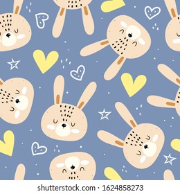 Seamless pattern with cartoon bunnies, decor elements on a neutral background. colorful vector for kids. hand drawing. baby design for fabric, decoration, wrapper, print, textile