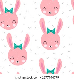 Seamless pattern with cartoon bunnies, decor elements. colorful vector for kids. hand drawing. baby design for fabric, decoration, wrapper, print, textile