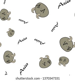 Seamless pattern of cartoon bunnies denoting aries zodiac signs with text. Vector illustration on white background.