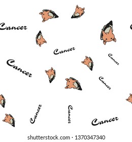 Seamless pattern of cartoon bunnies denoting cancer zodiac signs with text. Vector illustration on white background.