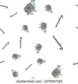 Seamless pattern of cartoon bunnies denoting capricorn zodiac signs with text. Vector illustration on white background.