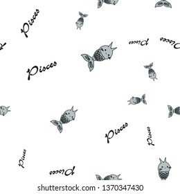 Seamless pattern of cartoon bunnies denoting pisces zodiac signs with text. Vector illustration on white background.